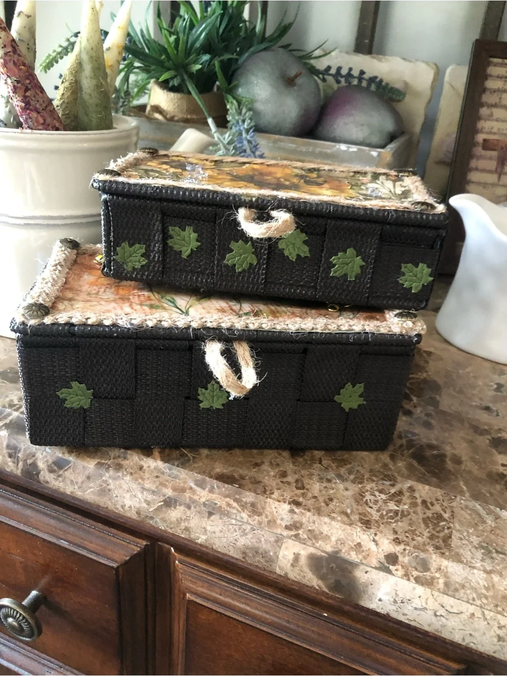 Handcrafted Sunflower Decorative Storage Boxes - Black and Yellow